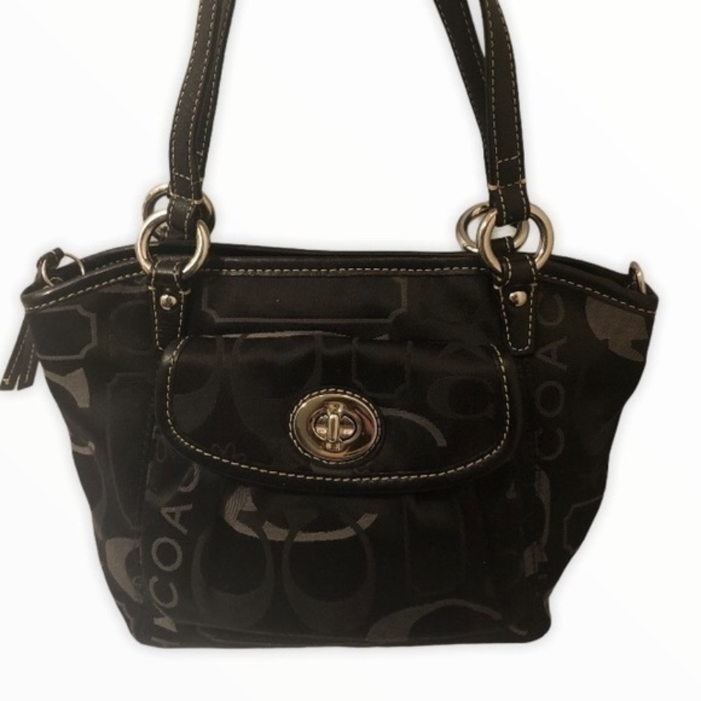 Coach black optic script zipper tote bag